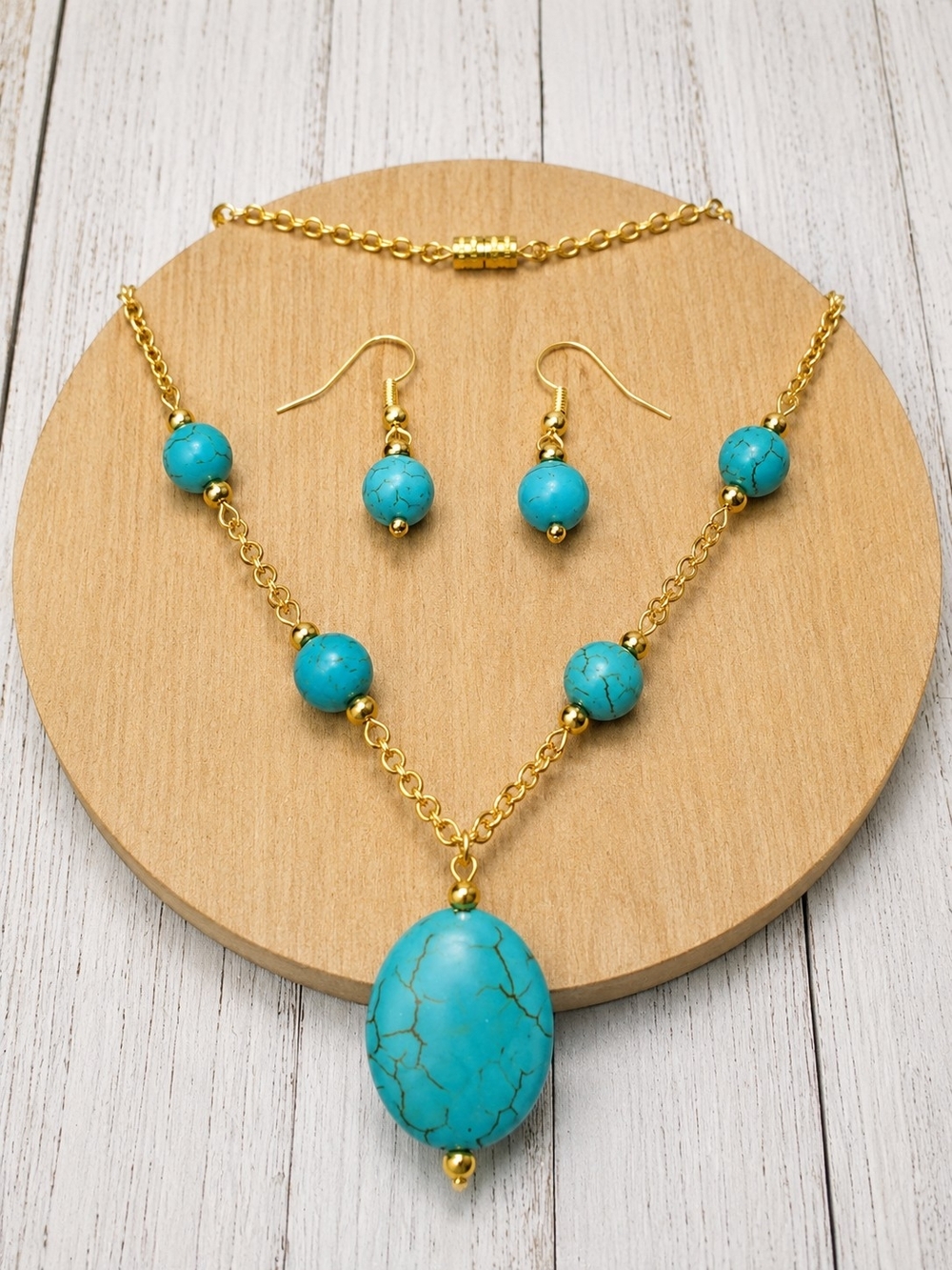 Gold-Tone Turquoise Bead Necklace & Earring Set
